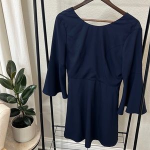 Versatile Bell Sleeved Navy Mini Dress - Bow Back